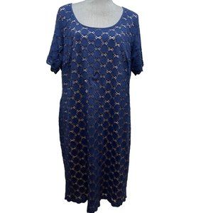 Boho navy blue crochet knit look modest midi dress size 18